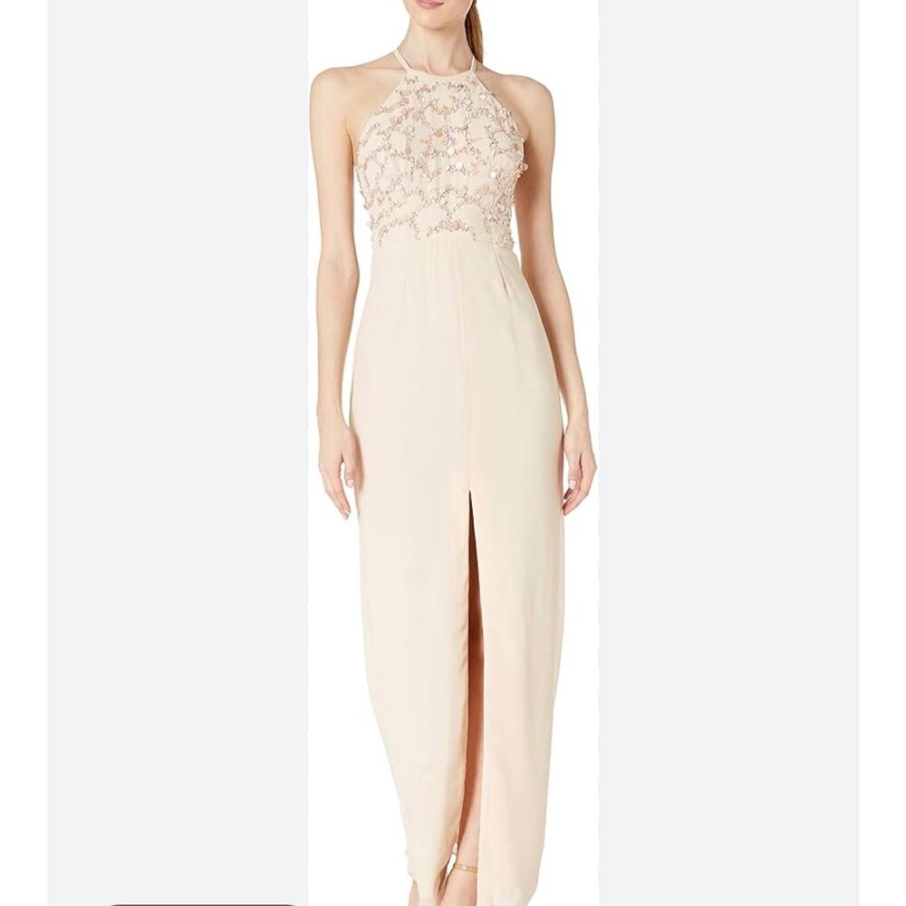NWT Aiden Mattox Blush Pink Beaded Halter Column Gown Sz 0